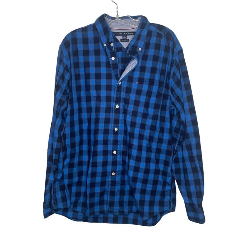 Tommy Hilfiger Mens Blue Buffalo Plaid Button Down Shirt Classic Fit Large L